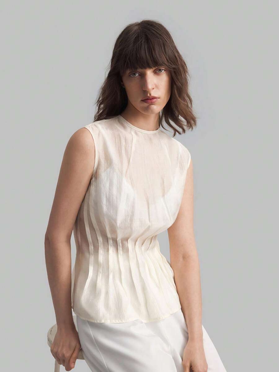 Ontre Women's Four-Season White Vacation Top, Semi-Transparent Round Neck Sleeveless Pleated X-Shaped Top, Autumn Clothing, Outdoor Clothing, Elegant Tops For Women - Apricot - View 1