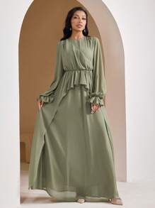 Veilorie Women's Solid Color Round Neck Long Sleeve Ruffle Hem Arabian Dress - Green - View 4