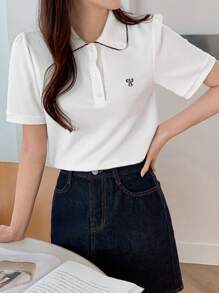 DAZY Women's Contrast Color Embroidery Bowknot Collar Ruffle Short Sleeve T-Shirt - White - View 3