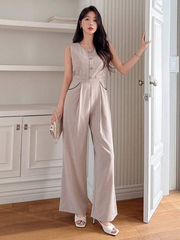 Women's Sleeveless Round Neck Front Button Pocket Casual Jumpsuit Work Women Clothes Romper