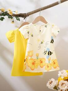 SHEIN Playful Pals 2pcs/Set Girls Summer Dress, Baby Girl Butterfly & Bee Print Round Neck Dress, Suitable For Summer - Yellow - View 2