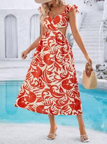 Breezaya Women's Red Floral Print Cutout Ruffle Dress: Summer Vacation Dinner Or Beach Dress - Red - View 1