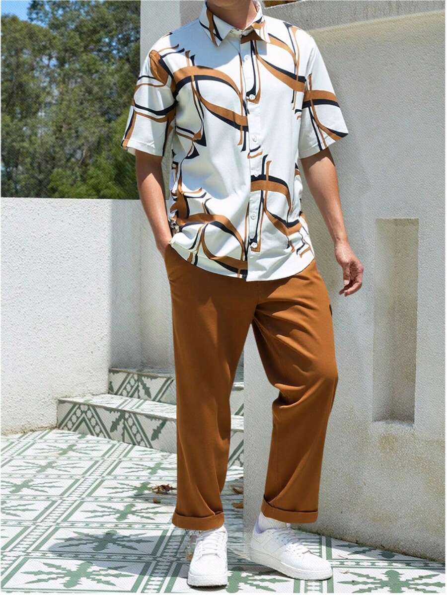 Teen Boy Traditional Print Khaki Shirt And Pants 2 Pieces Outfit - Khaki - View 1