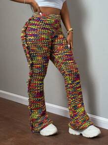 Slaydiva Quần ống loe tua rua len thời trang đường phố giản dị thu đông mới 2024, dài, dành cho nữ - Màu xanh Bạc hà - Xem 4