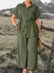 Breezaya 大码女士优雅休闲度假通勤纯色衬衫领前开腰抽绳胸袋卷袖衬衫和松紧腰长裤套装，春夏 - 軍綠色 - 查看 4