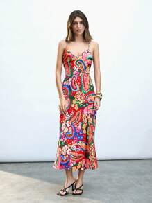 Maija Vestido de mujer con estampado floral colorido y parches, diseño casual y bohemio versátil para primavera/verano, apto para el Día de San Patricio, festivales de música, cruceros, y atuendos de la isla de Ibiza, con espalda ajustable con cruce.