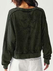 Bohemela 休闲纯色针织圆领长袖宽松女式 T 恤 - 灰色 - 查看 2