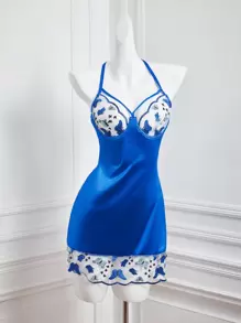 2pcs Set Front Hollow Embroidered Jacquard Dress With Underwire - Blue - View 1