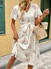 SHEIN Clasi 女士优雅花卉印花收腰 V 领 A 字中长连衣裙