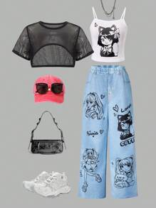 3pcs Tween Girl Street Style Set: Cropped Mesh Short Sleeve Top, Anime Character Print Tank Top & Denim Effect Pants - Black and White - View 8