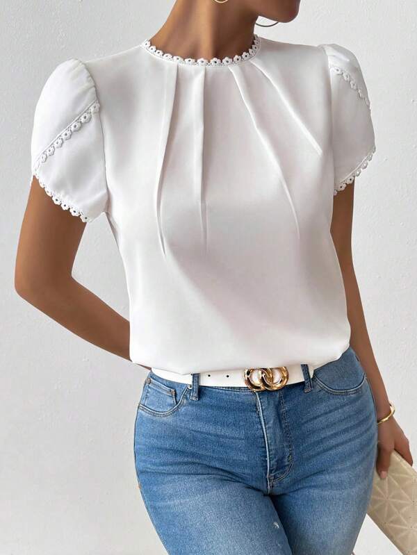 RosyDaze Women's Elegant Casual Solid Color Lace Patchwork Pleated Collar Lantern Sleeve Blouse