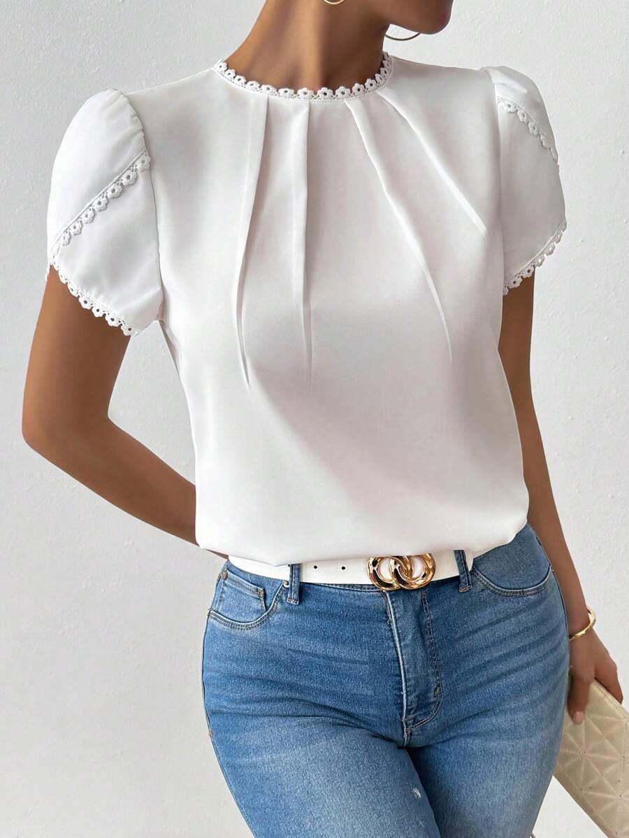 RosyDaze Women's Elegant Casual Solid Color Lace Patchwork Pleated Collar Lantern Sleeve Blouse - White - View 1