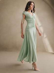 Anewsta Women's Rope Knitted V-Neck Ruched Waist Dress, Fashionable Outfits For Festival, Going Out, Vacation, Spring/Summer - Green - View 7