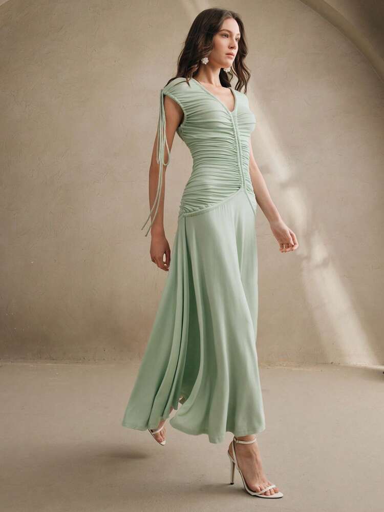 Women's Rope Knitted V-Neck Ruched Waist Dress, Fashionable Outfits For Festival, Going Out, Vacation, Spring/Summer