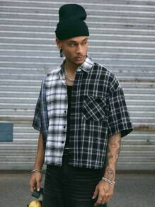 AXEPEAK Men's Casual Color Block Patchwork Plaid Shirt, Streetwear Ready - Multicolor - View 5