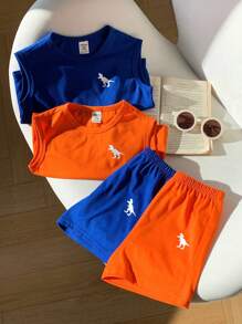 SHEIN 4 件套男童/女童卡通动物印花针织柔软圆领无袖背心 + 松紧腰休闲运动短裤，适合居家、外出、上学