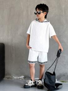 SHEIN Tween Boy Casual Textured Fabric Short Sleeve Shorts Hoodie Outfit Set - Khaki - View 1