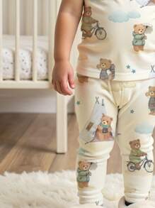 SHEIN 男婴可爱熊图案休闲修身舒适短袖和裤子家居服，适合春夏季 - 彩色 - 查看 3