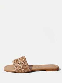 Styleloop Women's Straw Woven Bowknot Flat Slide Sandals, Vacation Style - Apricot - View 2