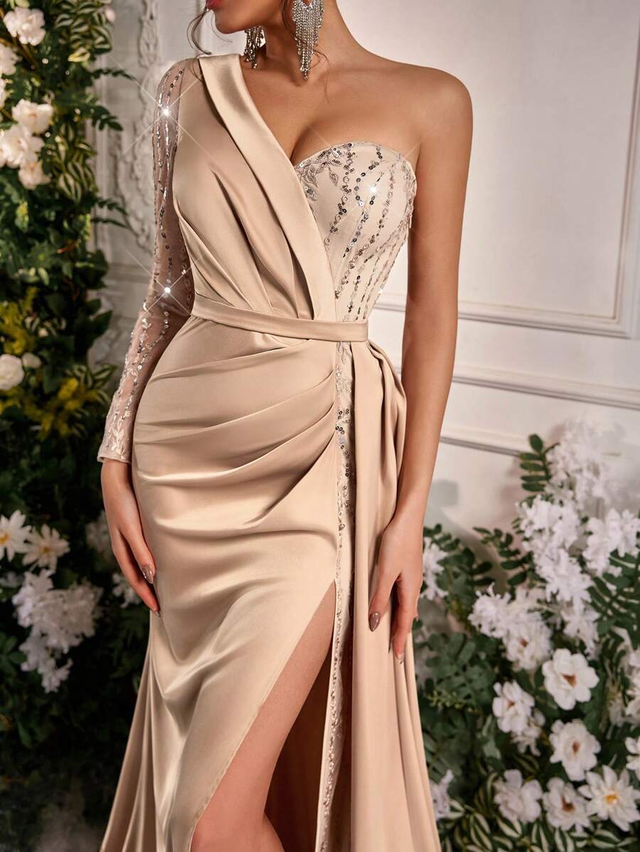 SHEIN Belle Elegant And Gorgeous Champagne Color One-Shoulder See-Through Long-Sleeved Luxury Bead Sequin Embroidered Stitching Stretch Satin High Slit Slim Fishtail Dress With Side Floats Suitable For Dinner Bachelor Party Wedding Event Holiday Back-To-School Season Music Festival Evening Dress, Wedding Guest Dress, Formal Dress,Gown - Champagne - View 1