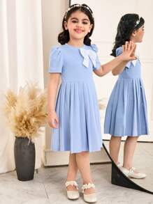 Young Girl Knitted Solid Color Round Neck Bowknot Decor Casual Mini Dress - Blue - View 4