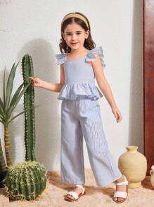 SHEIN Serisse Kids 2 件套少女套装 - 编织条纹荷叶边领衬衫和宽松编织阔腿裤 - 藍色 - 查看 4