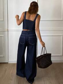 DAZY Women's Solid Color Cropped Tank Top & Wide Leg Jeans Set Summer - Blue - View 2