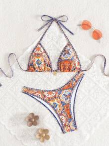 Swim Vcay 2pcs/Set Women Random Print Gold Accessory, Halter Top And High-Cut Bikini Bottom Bikini Swimwear, For Summer Beach Vacation - Multicolor - View 2