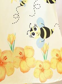 SHEIN Playful Pals 2pcs/Set Girls Summer Dress, Baby Girl Butterfly & Bee Print Round Neck Dress, Suitable For Summer - Yellow - View 7