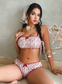 Rose Floral Print Bow Decor Ribbon Trim Women's Lingerie Set - Pink - View 1