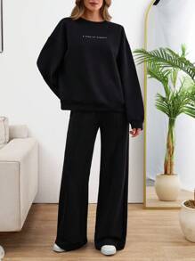 SHEIN Tall SLEEVE CUT DETAIL SLOGANED SWEATSHIRT AND WIDE LEG PANTS - Black - View 1