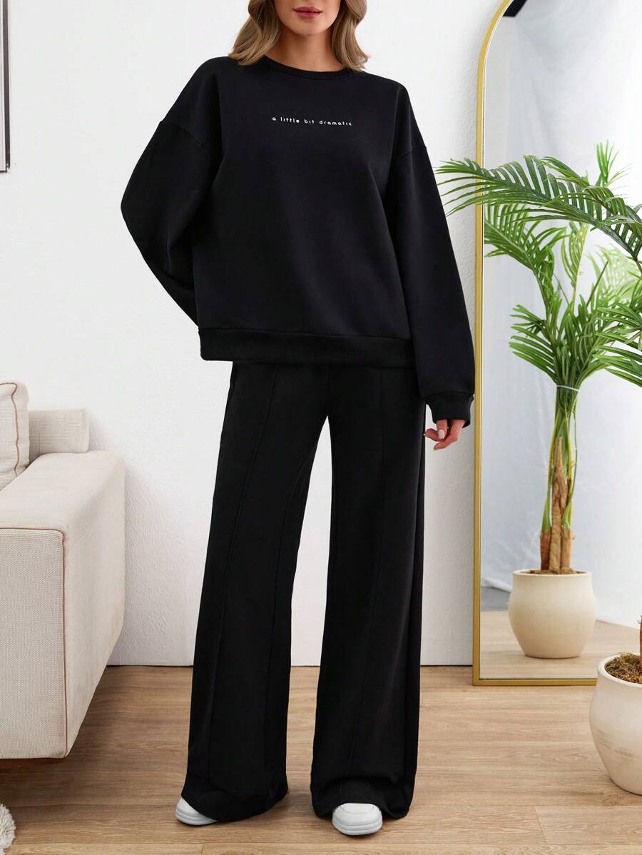 SHEIN Tall SLEEVE CUT DETAIL SLOGANED SWEATSHIRT AND WIDE LEG PANTS - Black - View 1