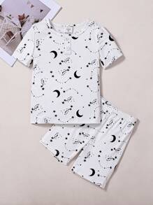 2pcs/Set Toddler Boys Casual Star & Moon Print Short Sleeve T-Shirt And Shorts Snug Fit Pajama Set Tight Fit Pajama","Tight Fit" Pj Sets For Kids Young Boys Tops