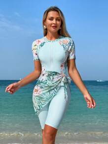 SHEIN Swim Mulvari 3pcs/Set Women Floral Retro Print Short Sleeve Top, Shorts And Cover Up Skirt Burkini, For Summer Beach Vacation - Mint Green - View 1