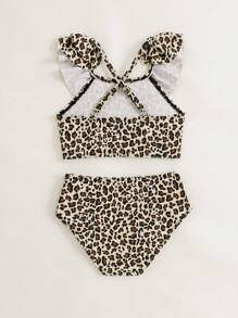 SHEIN Young Girl Leopard Print Simple Bikini Top And Bottom Swimwear Set - Khaki - View 2