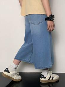 SHEIN Tween Boy Fashion Casual Simple Base Loose And Crisp Lyocell Slim And Comfortable Seven-Point Denim Boy Shorts For Boy Soft Dailywear And Kids Summer Clothes