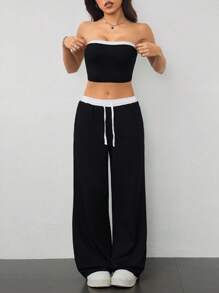SHEIN PETITE Conjunto de dos piezas para mujer de verano: top tubo sexy de bloques de color + pantalones de cintura alta con cordones