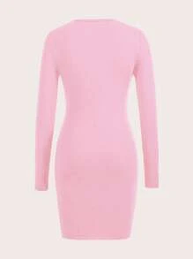 Slaydiva MILANO Women Casual Slogan Graphic Long Sleeve Bodycon Short Dress, Suitable For Spring/Summer,Pastel Dresses For Women Autumn And Winter Chic Dress - Pink - View 3