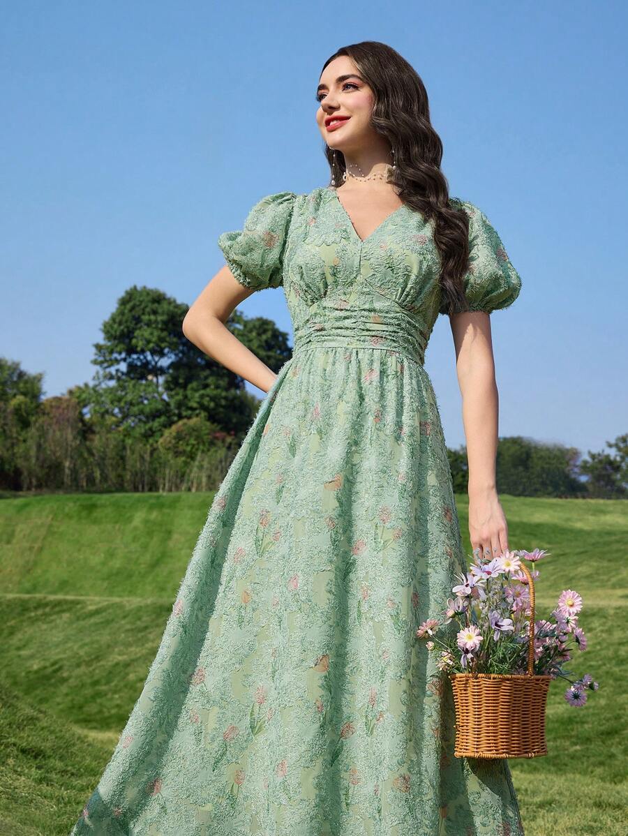 Modelyn 女士派对/婚礼浪漫镂空花朵印花修身连衣裙 - 綠色 - 查看 1