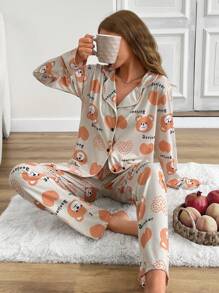 RueChic Cotton Women 2 Pcs Contrast Colour Button Front Detail Cute Bear Pattern Homewear PJ Set - Apricot - View 6