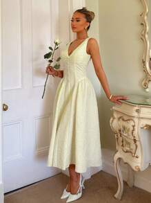 Glamine Glamine Early Spring Nieuwe Stijl, Gele Jacquardstof met Textuur, Geschikt voor Dagelijkse Vrije Tijd en Vakantie, Elegante Dating, Elegant en Royaal, V-hals Taille, Met Stof Beklede Knoopversiering, Puffy Dames Midi-jurk. Geschikt voor Valentijnsdag, Vakantie, Dagelijkse Dating, Feesten en Bruiloften. Citroenjurk Lichtgele Jurk Elegante Zomerjurk Lente Midi-jurk