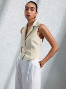 Aveloria Modichic 时尚通勤单排扣翻领无袖背心，收腰，显瘦，女式上衣可分层搭配 - 米色 - 查看 3