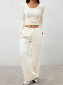 SHEIN PETITE Women's Solid Color Round Neck Long Sleeve Simple Top And Pants Casual 2 Pieces Set - Apricot - View 7