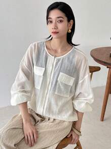 FRIFUL Women's White Loose Linen Blend Jacket, Round Neck Lightweight Long Sleeve Outerwear, Spring & Summer
