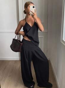 Livesso 2pcs Women Solid Color Sleeveless Spaghetti Strap Top And Wide Leg Pants Set, Summer Casual Outfit