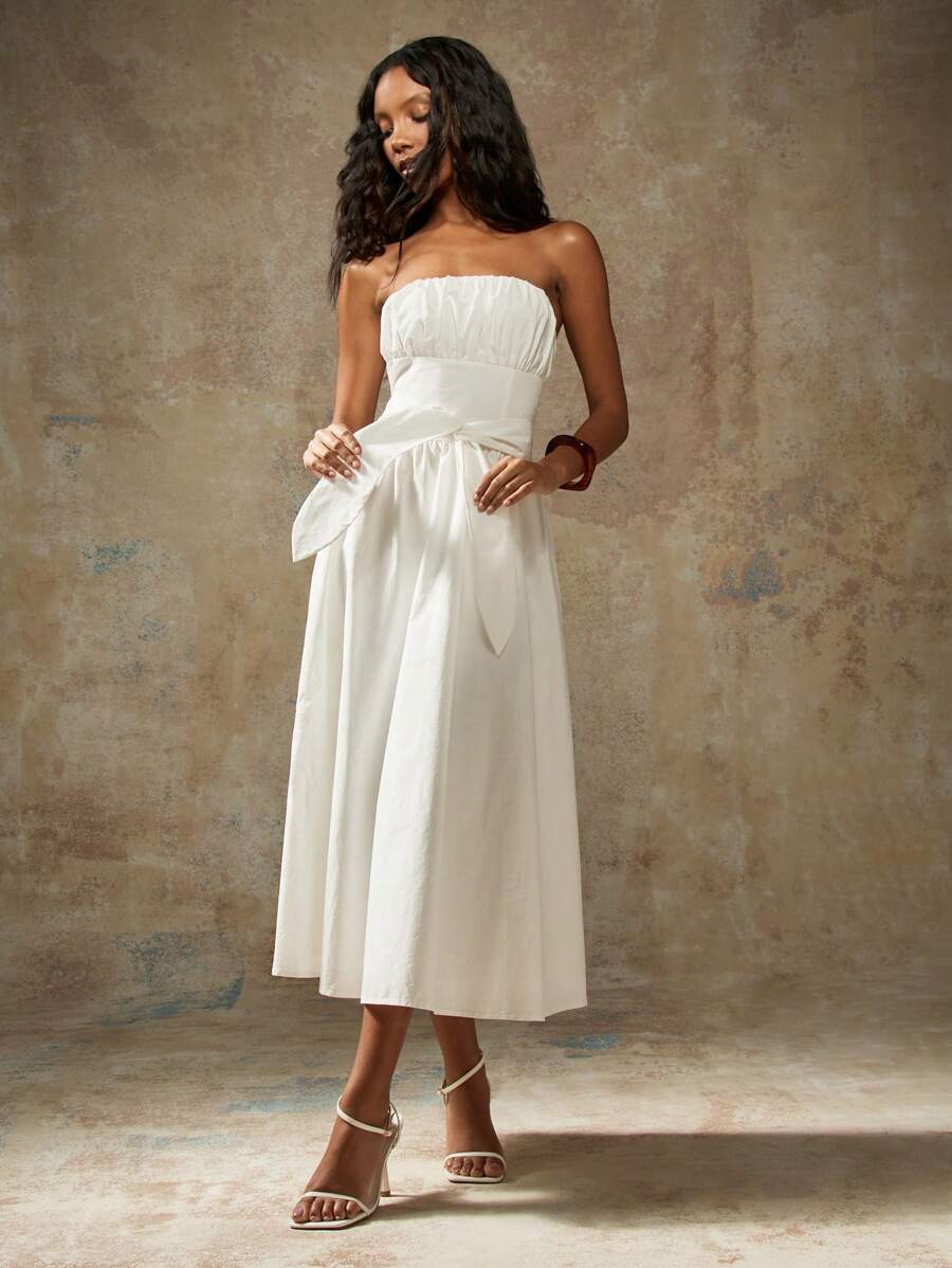 MISSGUIDED Rochie de ceai midi, elegantă, fără bretele, cu detaliu de cravată în talie, corset imperiu, petrecere de vară, invitați la nuntă, ocazie specială, rochie din bumbac - alb - Vizualizare 1