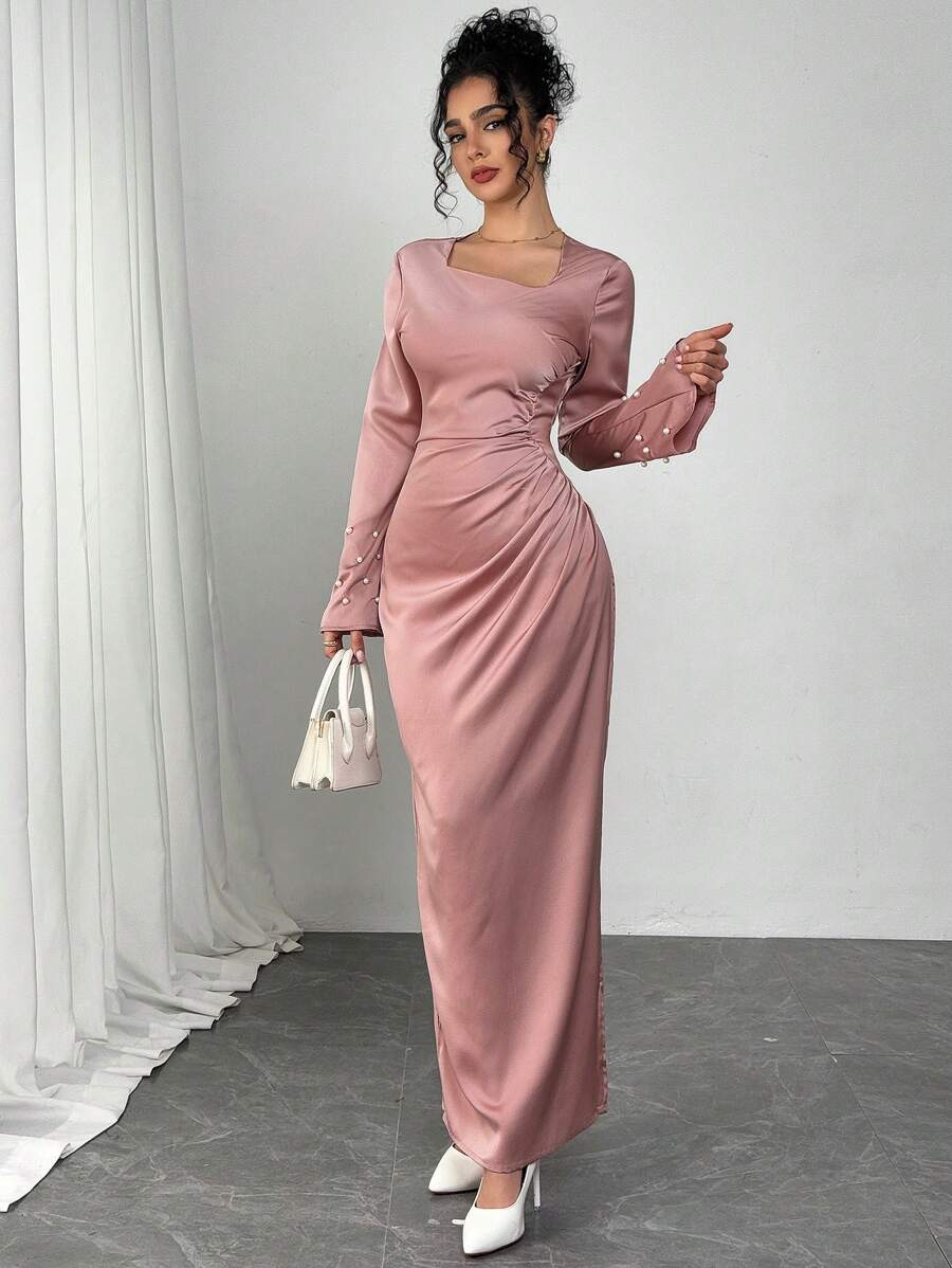 Modelyn 法式长袖斜V领修身中长连衣裙 - 藕粉色 - 查看 1