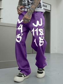 Manfinity EMRG Loose Fit Men's Cotton Letter Graphic Straight Leg Jeans - Purple - View 6