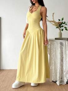 Flirla 法式深 V 领露背系腰褶皱连衣裙，性感 - 黃色 - 查看 3