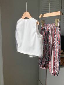 SHEIN 2pcs Baby Boy Traditional Retro Pattern Round Neck Short Sleeve Top And Elastic Waist Ankle Length Pants Set - Multicolor - View 2